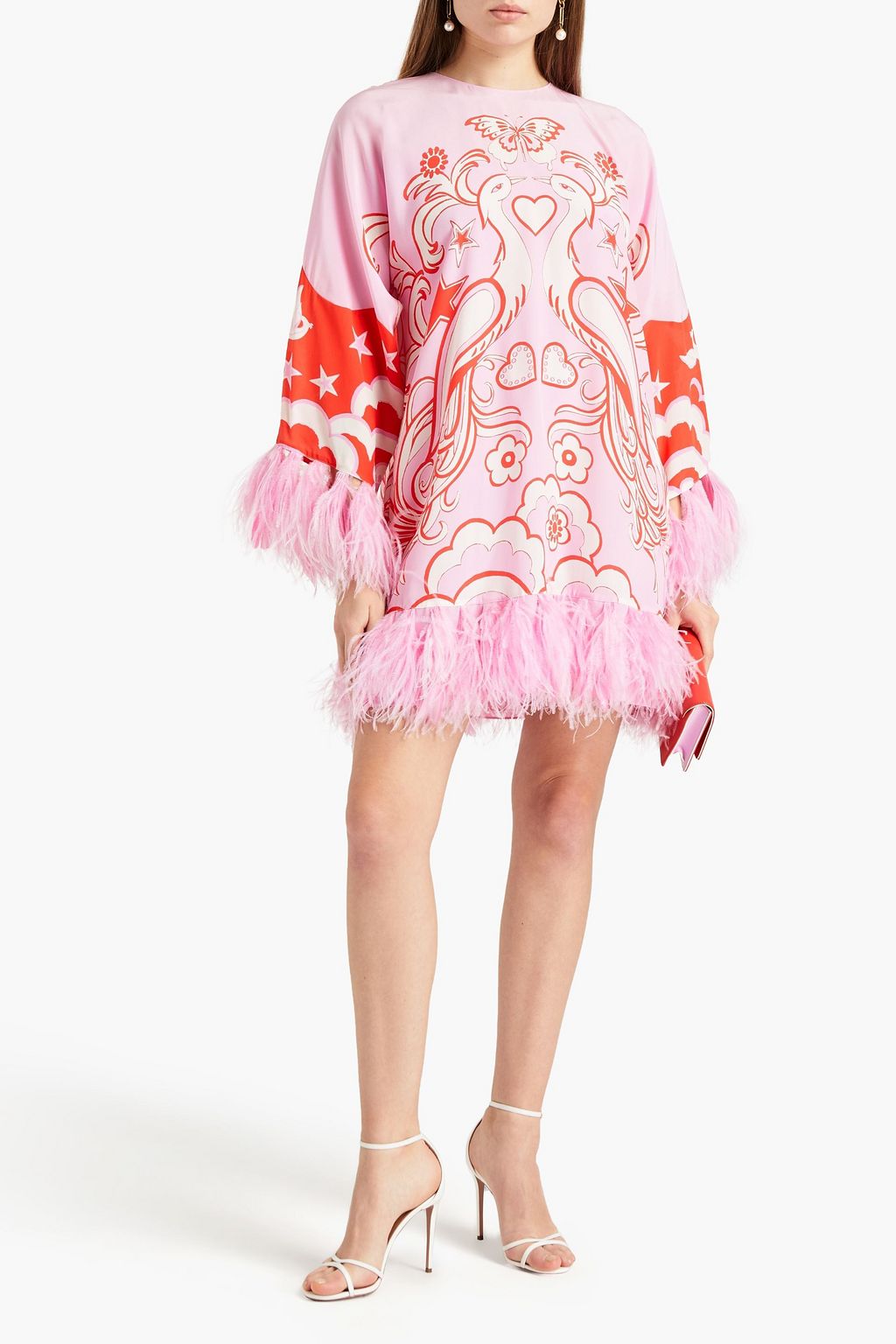 VALENTINO GARAVANI Feather-trimmed printed crepe de chine mini dress