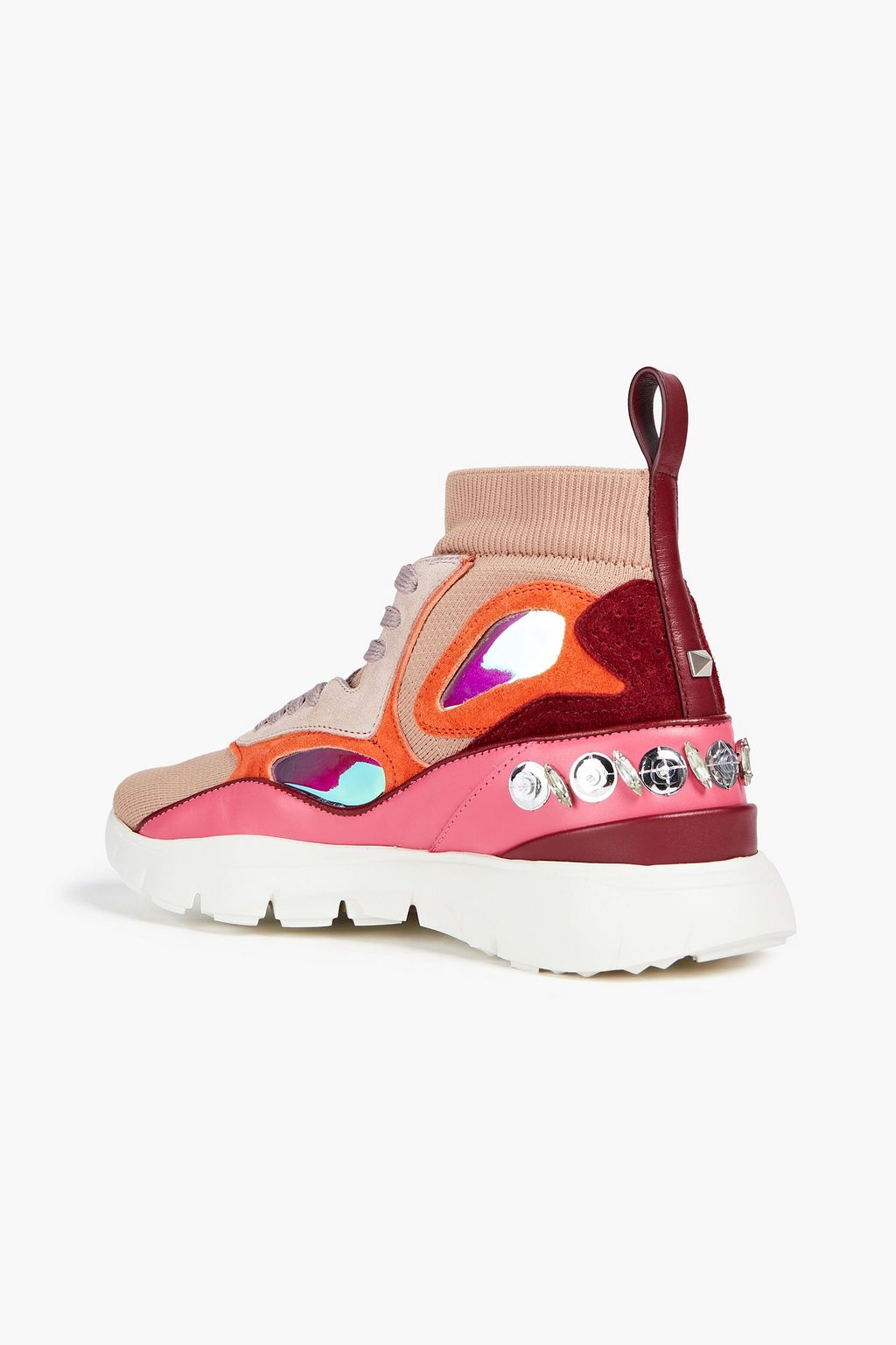 VALENTINO GARAVANI Embellished stretch-knit high-top sneakers