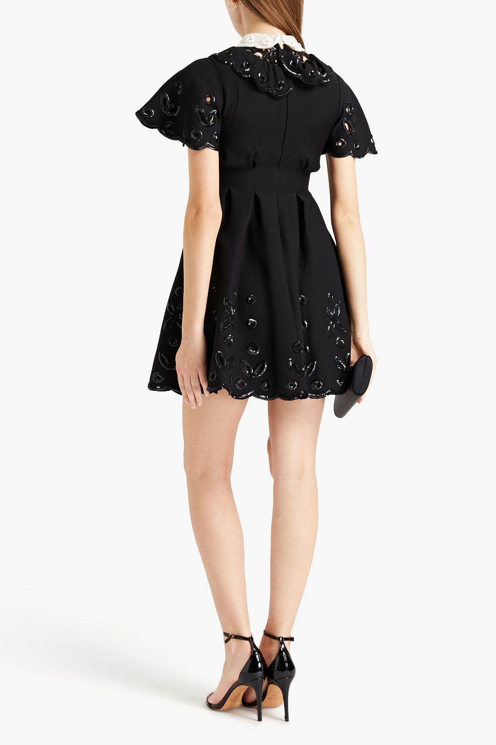 VALENTINO GARAVANI Organza-paneled cutout embellished wool and silk-blend crepe mini dress