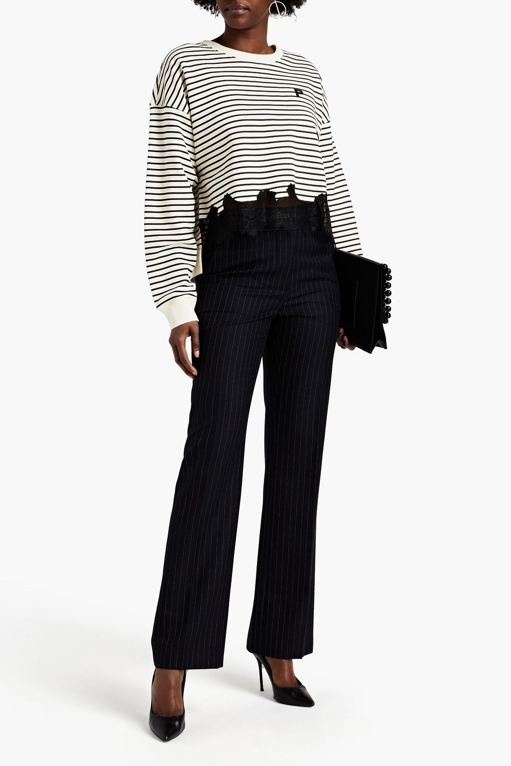 PHILOSOPHY DI LORENZO SERAFINI Lace-trimmed striped French cotton-terry sweatshirt