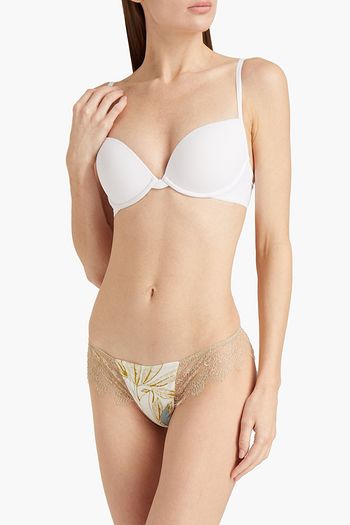 Chantilly lace-trimmed stretch-silk satin soft-cup triangle bra