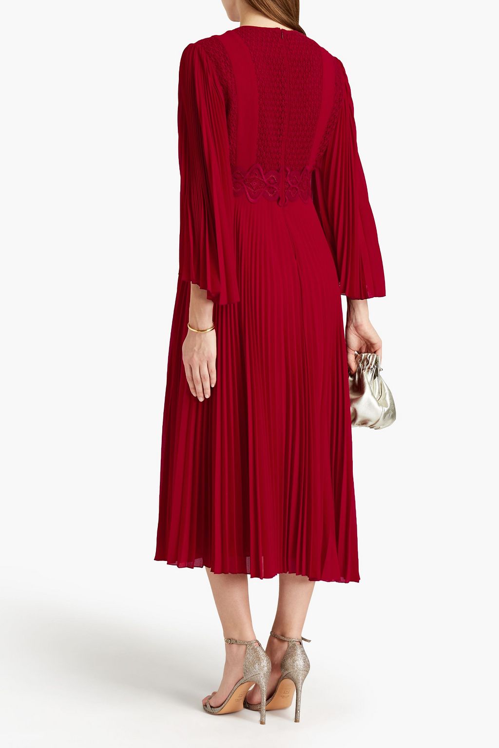 GIAMBA Pleated macramé-paneled georgette midi dress