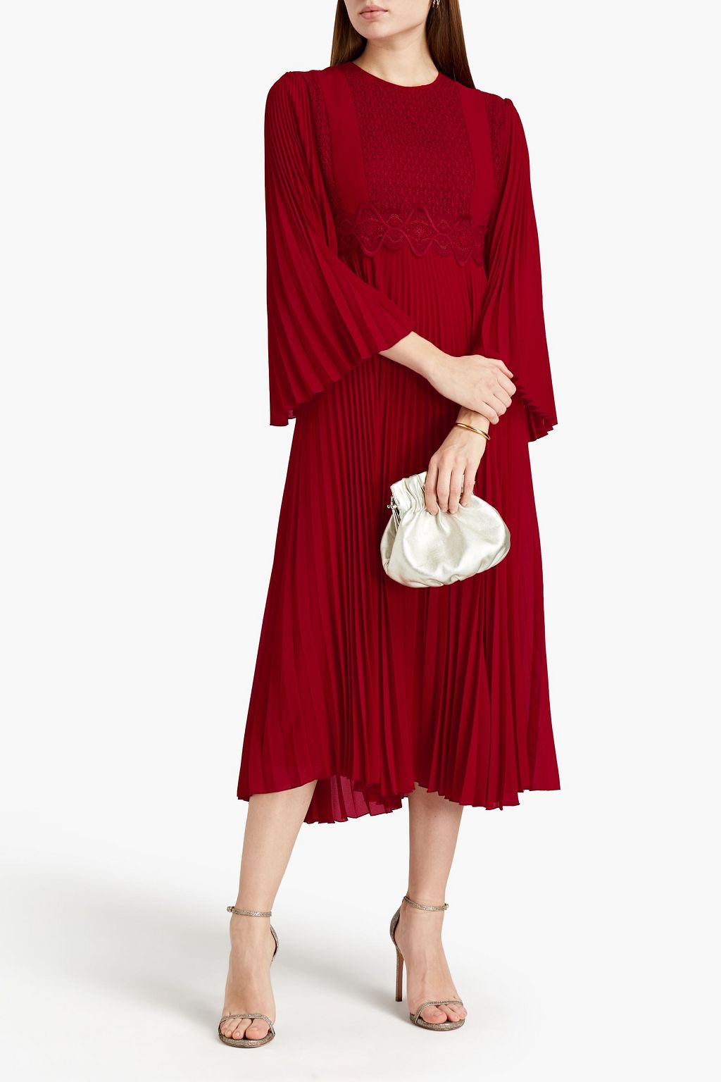 GIAMBA Pleated macramé-paneled georgette midi dress