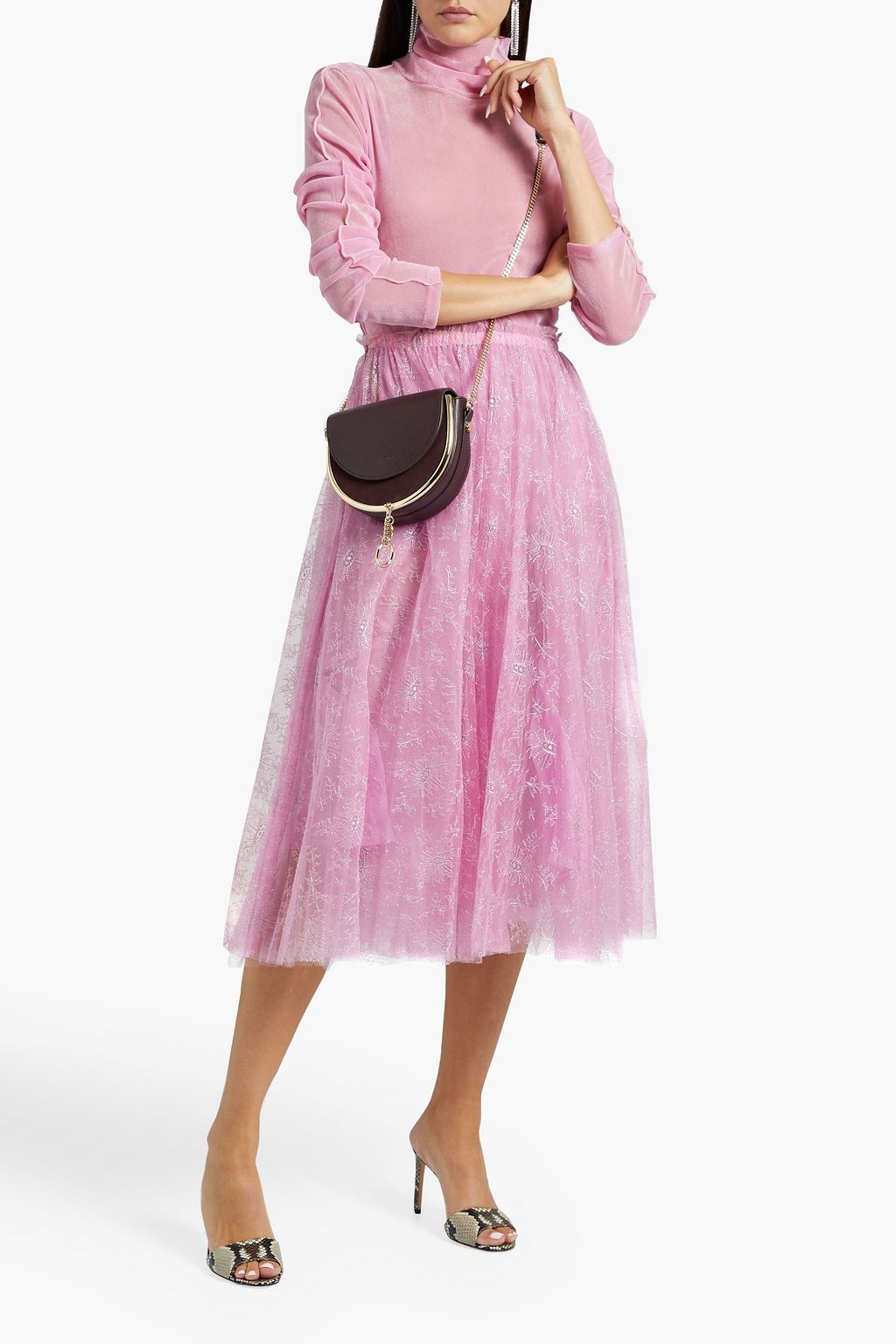VALENTINO GARAVANI レース ミディスカート ギャザー入り メタリック