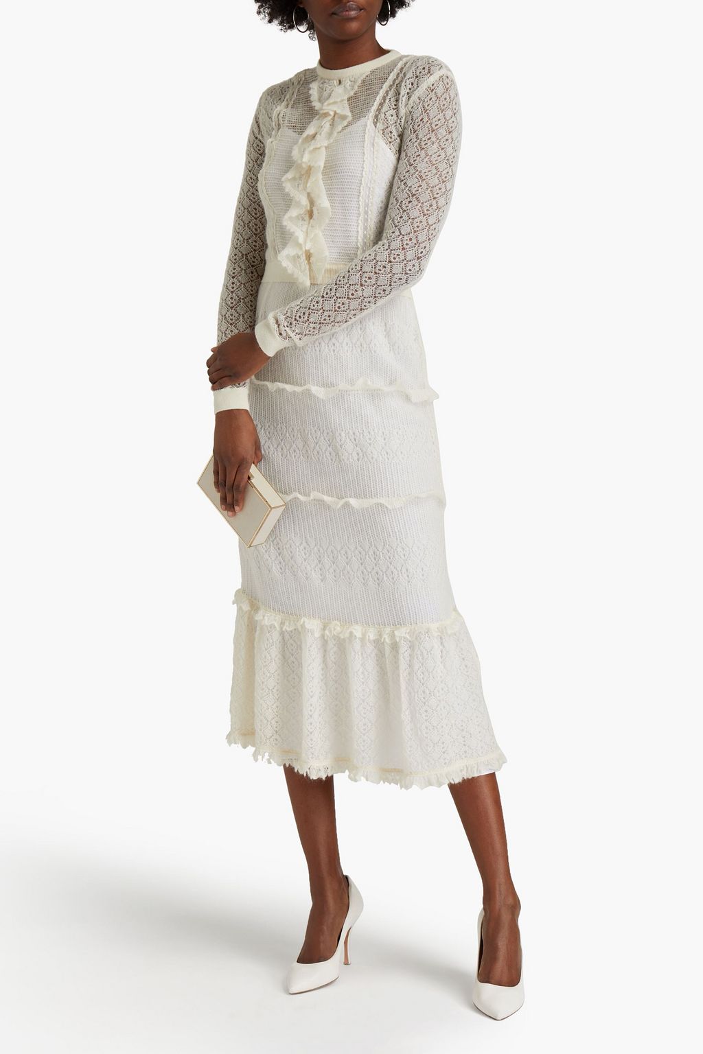 VALENTINO GARAVANI Tiered ruffled pointelle-knit midi dress