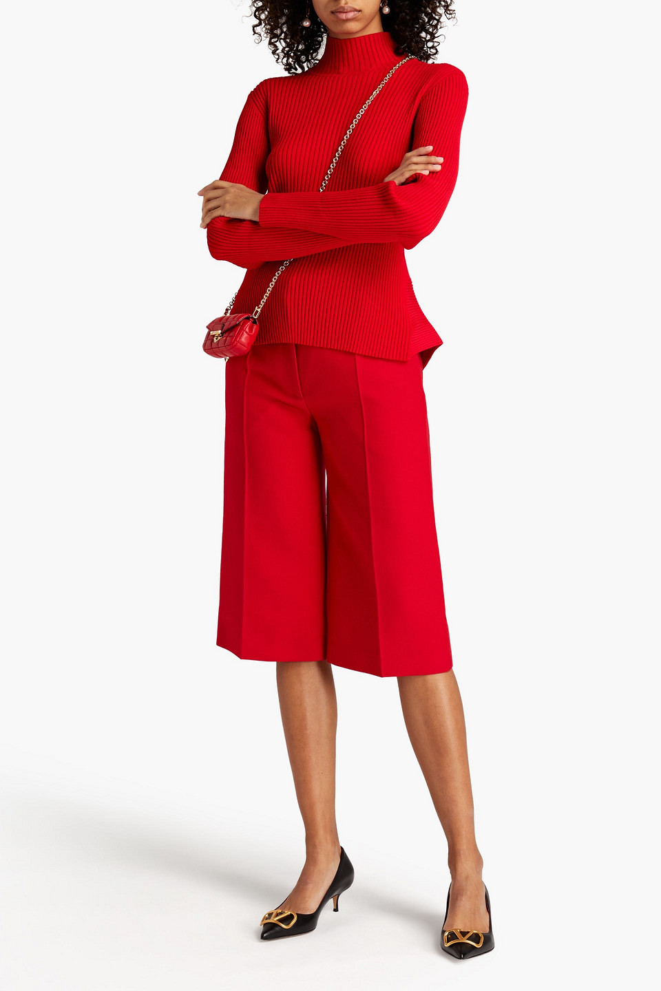 Valentino Ribbed-knit Peplum Turtleneck Top In Red