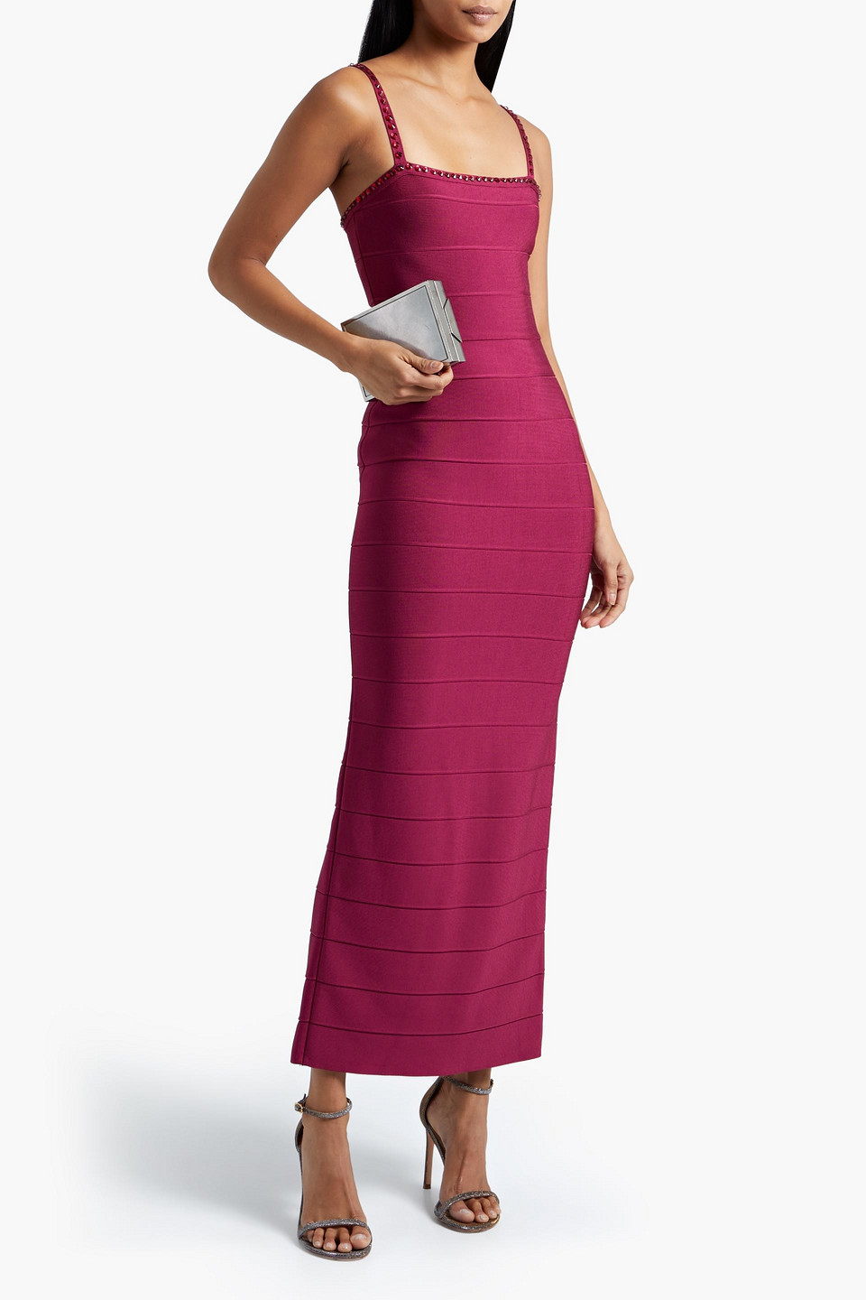 Herve Leger Crystal-embellished Bandage Maxi Dress In Claret
