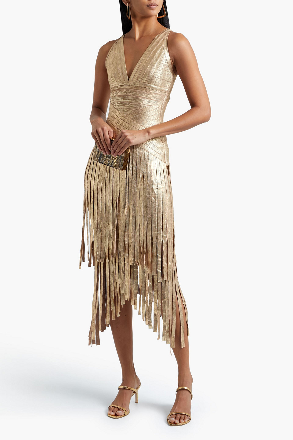 Herve Leger Tiered Fringed Metallic Coated Bandage Midi Dress In Gold