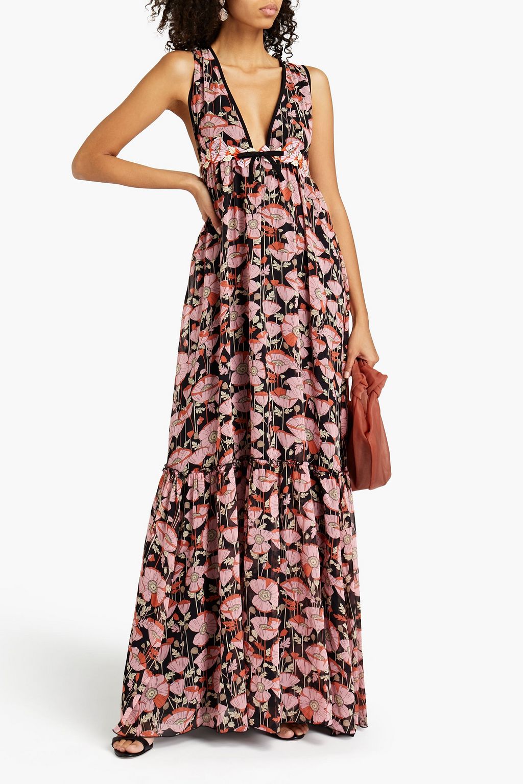 GIAMBA Embroidered gathered floral-print groergette maxi dress