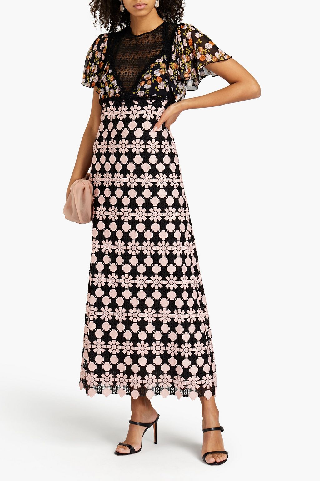 GIAMBA Guipure lace, embroidered tulle and floral-print georgette maxi dress
