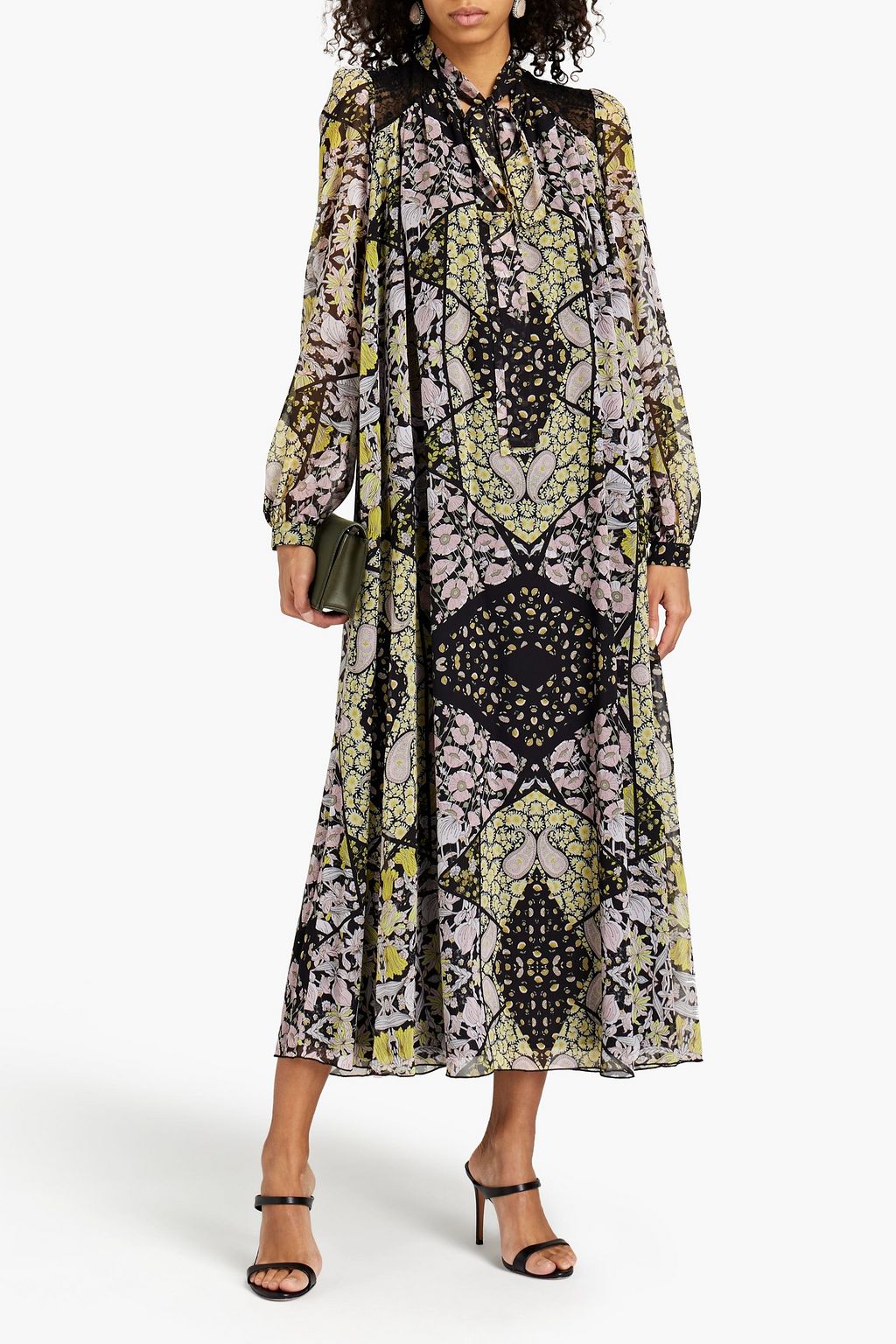 GIAMBA Embroidered floral-print georgette midi dress