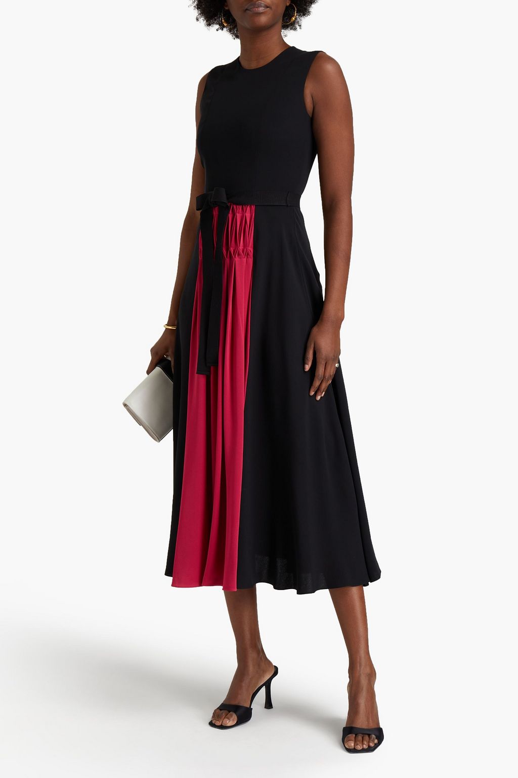 ROKSANDA Smocked satin and silk crepe de chine midi dress