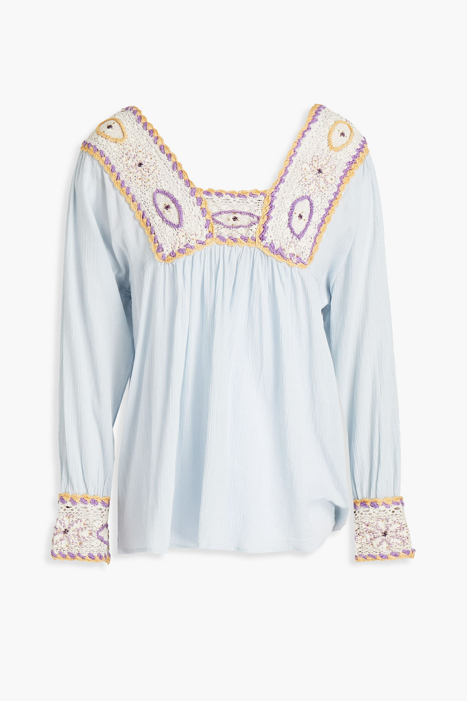Antik Batik Embellished crochet-paneled crinkled cotton-gauze blouse