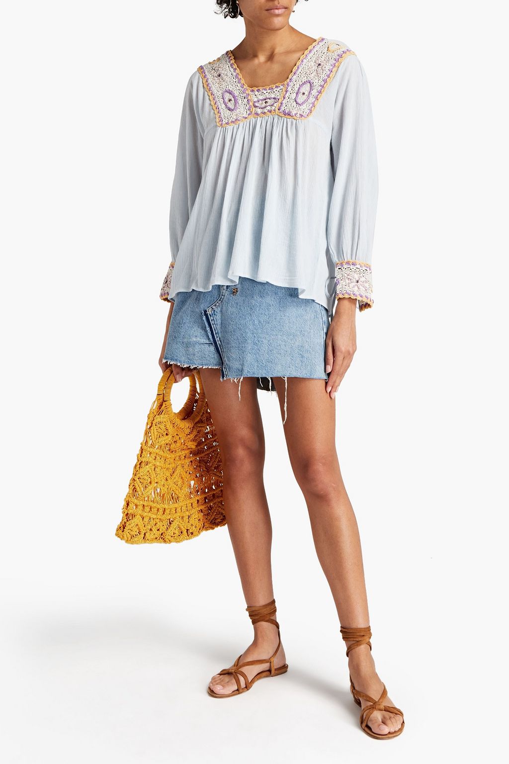 ANTIK BATIK Lucia crochet-trimmed crinkled cotton-gauze blouse