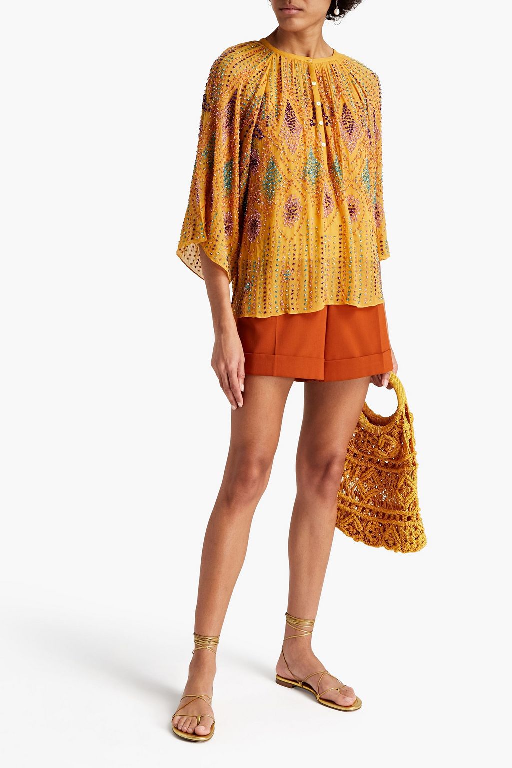 ANTIK BATIK Gathered embellished gauze blouse