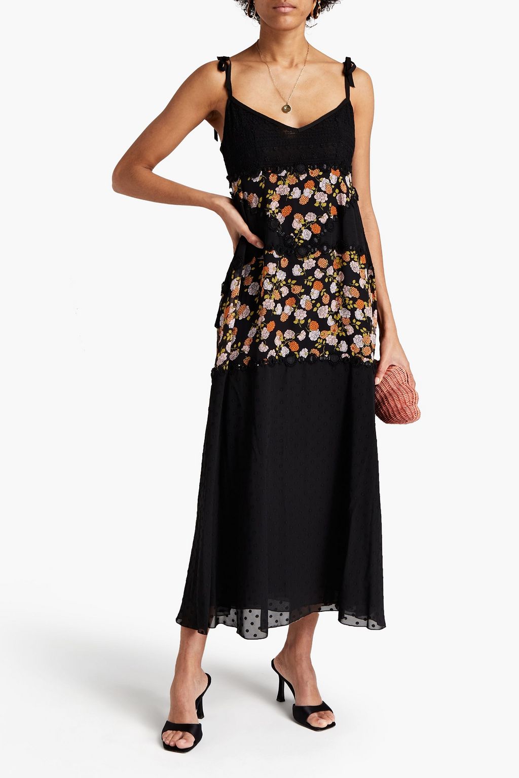 GIAMBATTISTA VALLI Lace-trimmed fil coupé and floral-print chiffon midi dress