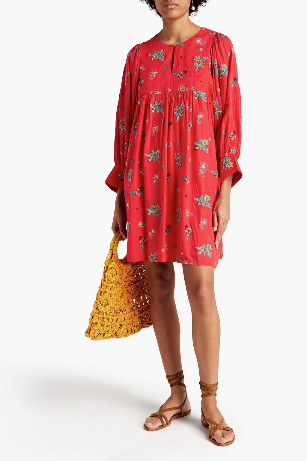 ANTIK BATIK Gathered embroidered woven mini dress