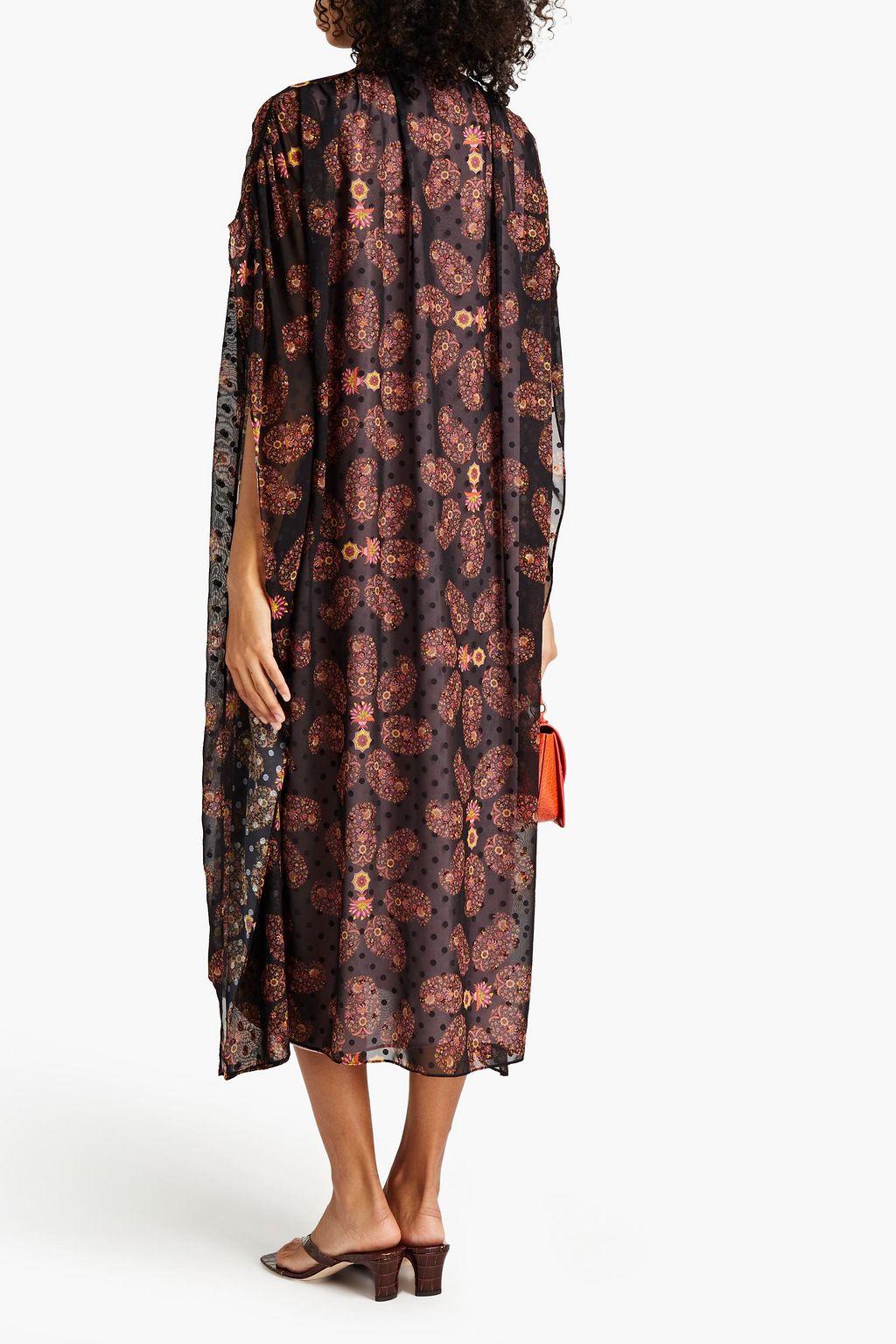 GIAMBA Cape-effect pussy-bow printed fil coupé chiffon midi dress