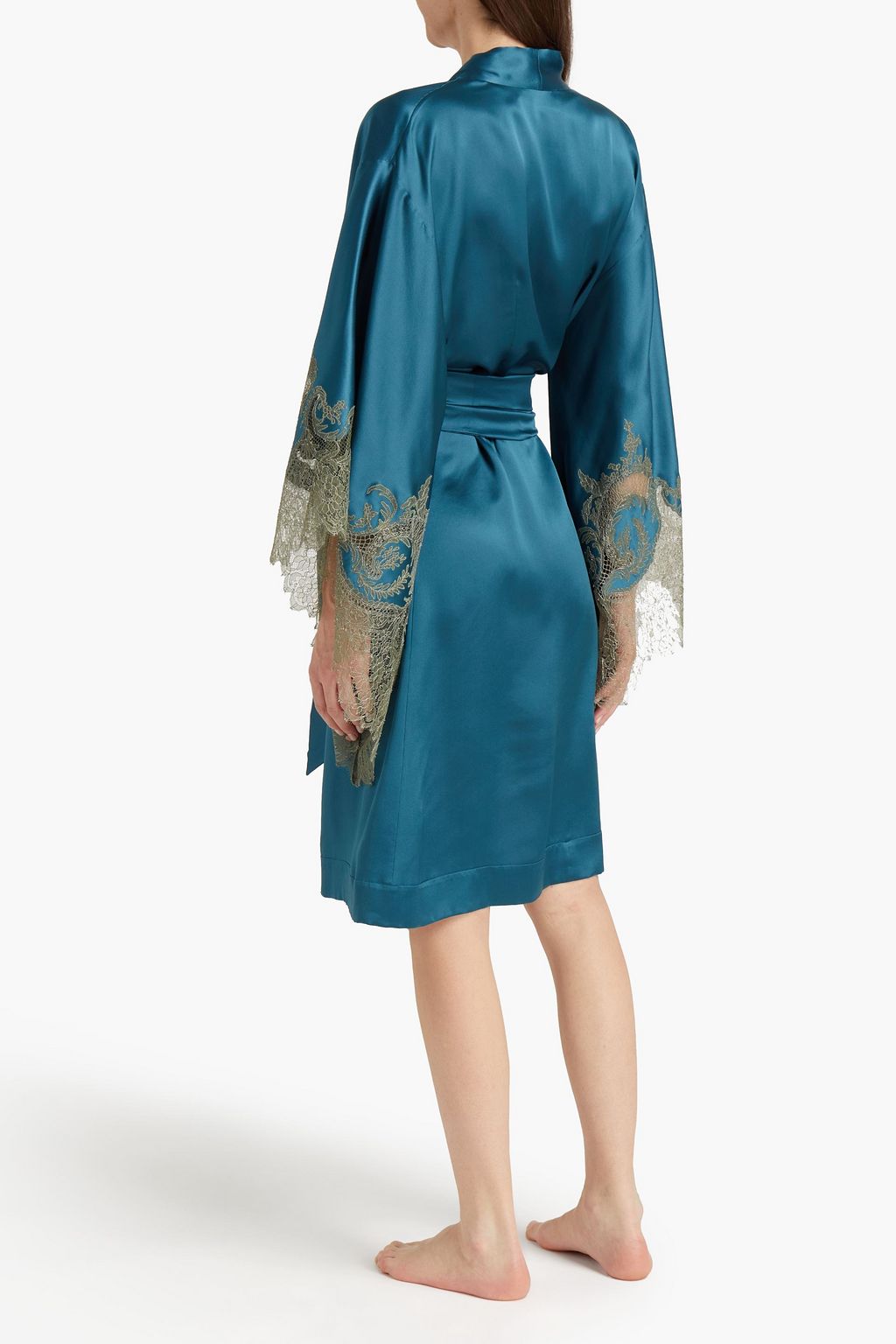 CARINE GILSON Belted lace-trimmed silk-satin kimono