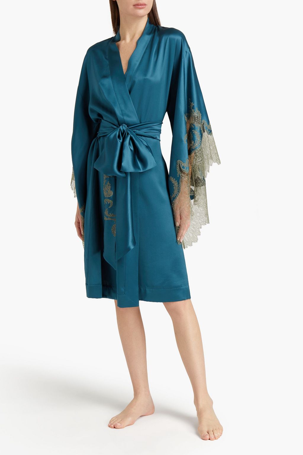 CARINE GILSON Belted lace-trimmed silk-satin kimono
