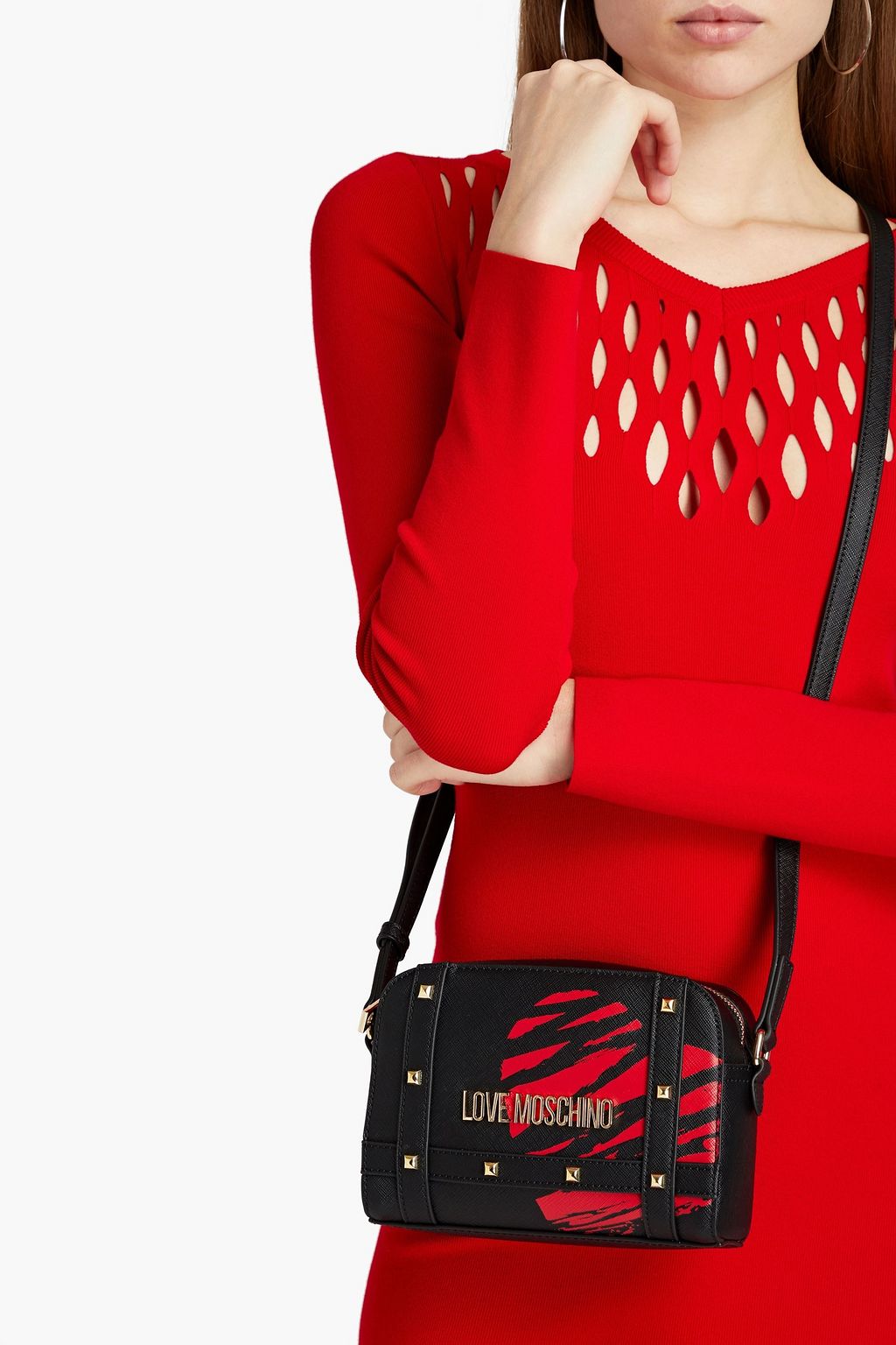 LOVE MOSCHINO Studded printed faux leather camera bag THE