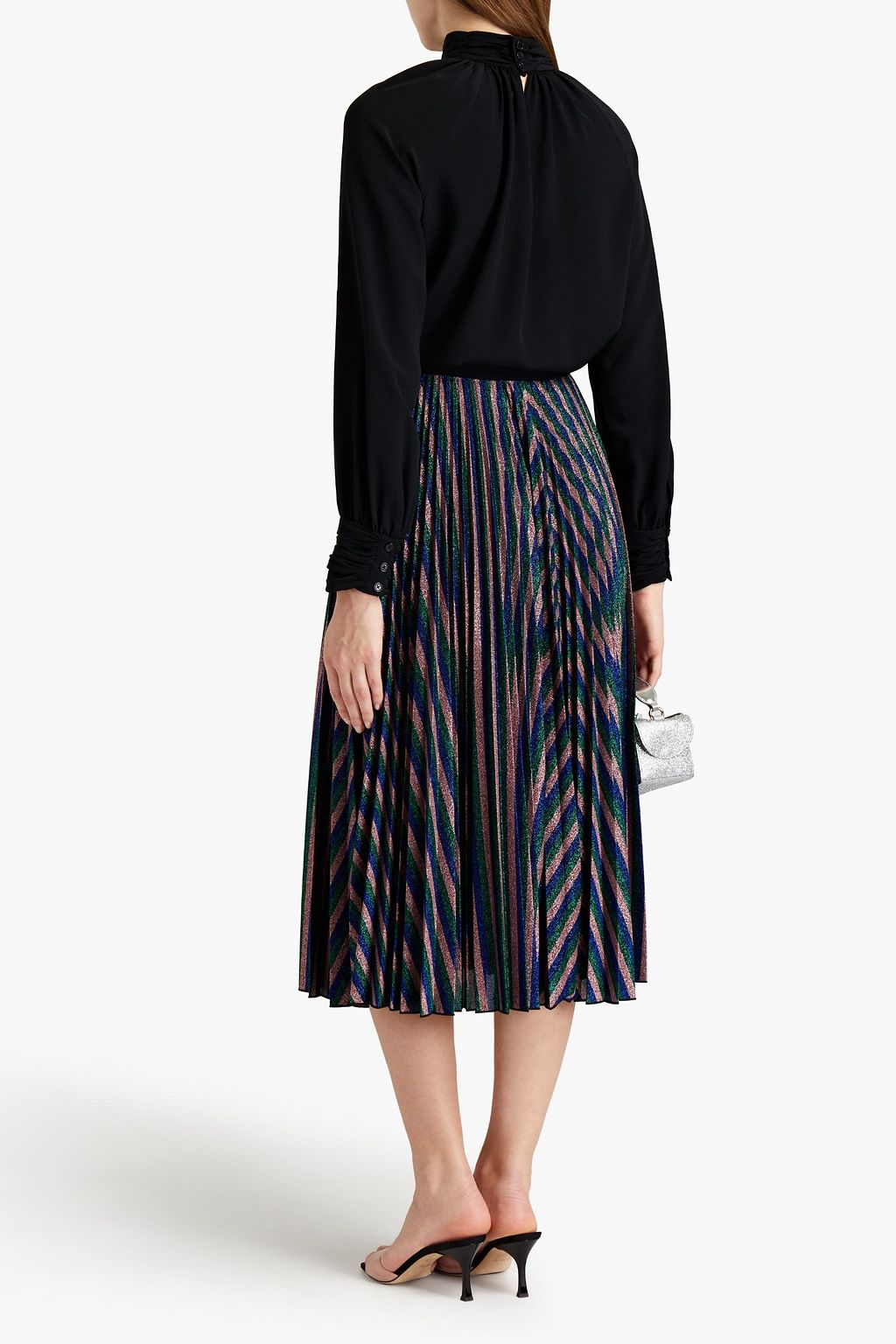 GIAMBA Pleated striped stretch-knit midi skirt