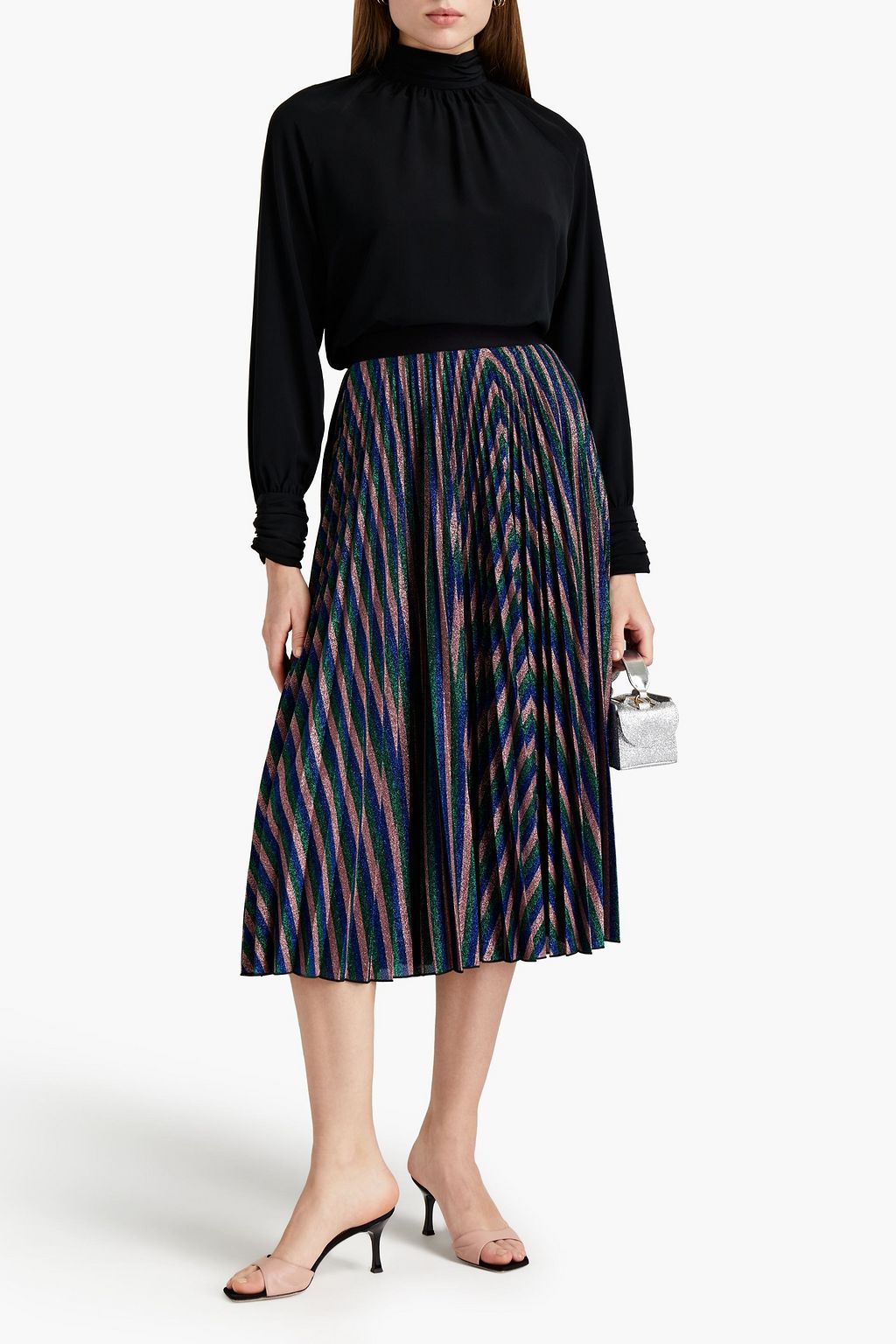 GIAMBA Pleated striped stretch-knit midi skirt