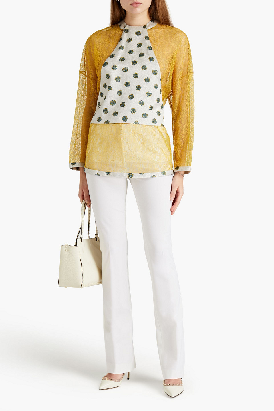 Valentino Printed Lamé-paneled Corded Lace Blouse In Yellow
