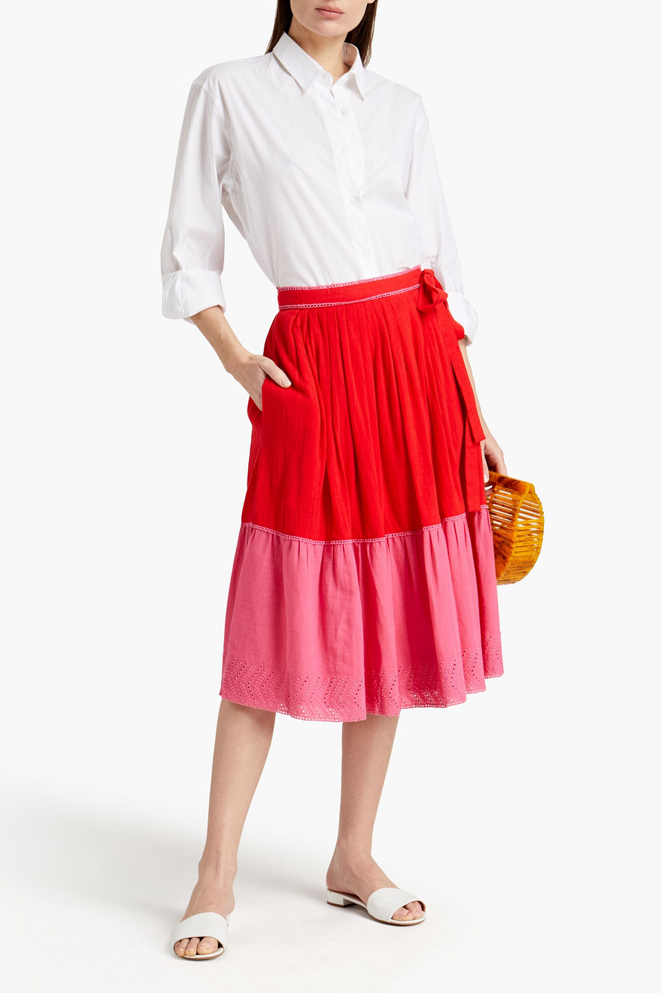 Antik Batik Amie Broderie Anglaise-trimmed Cotton-gauze Midi Skirt In Red