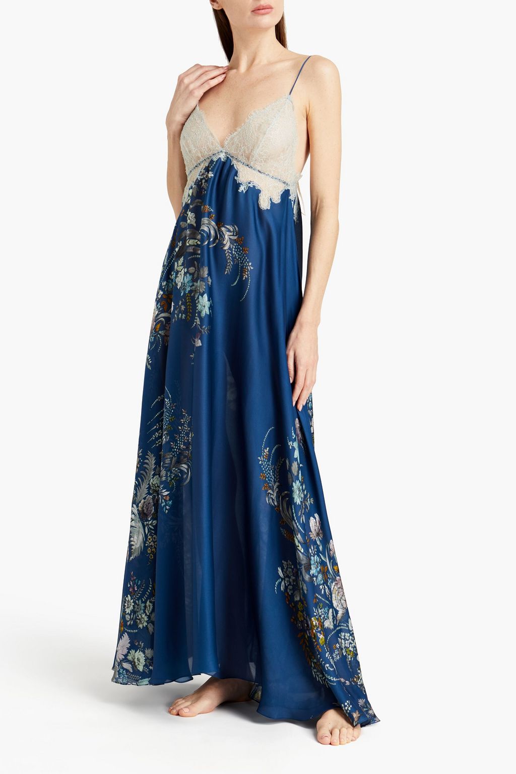 CARINE GILSON Chantilly lace-paneled floral-print silk-chiffon nightdress
