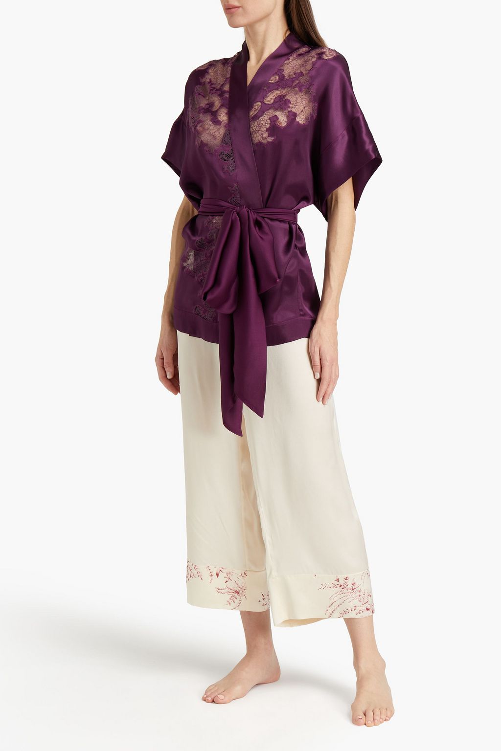 CARINE GILSON Belted lace-trimmed silk-satin robe
