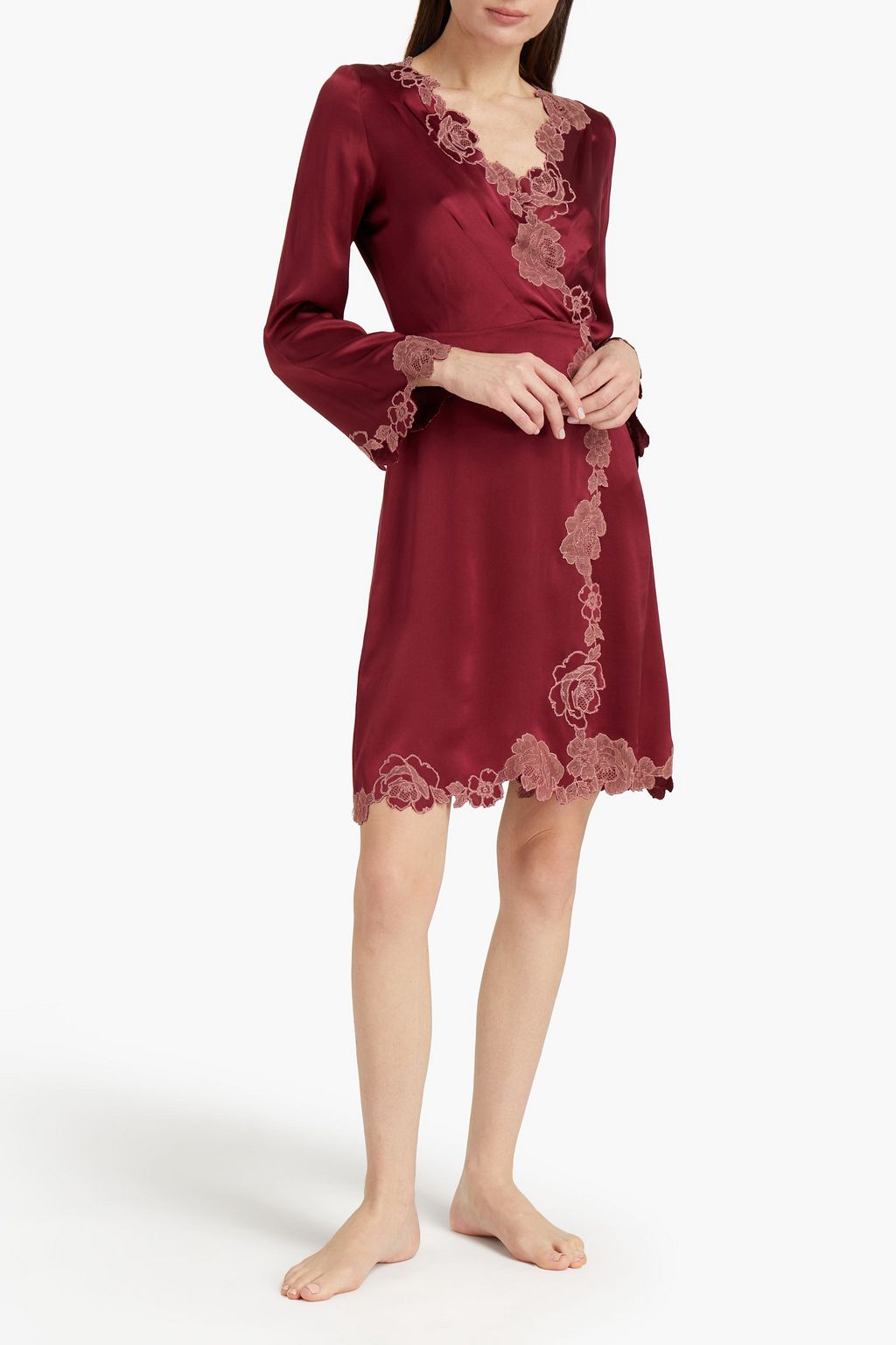 CARINE GILSON Lace-trimmed silk-satin robe