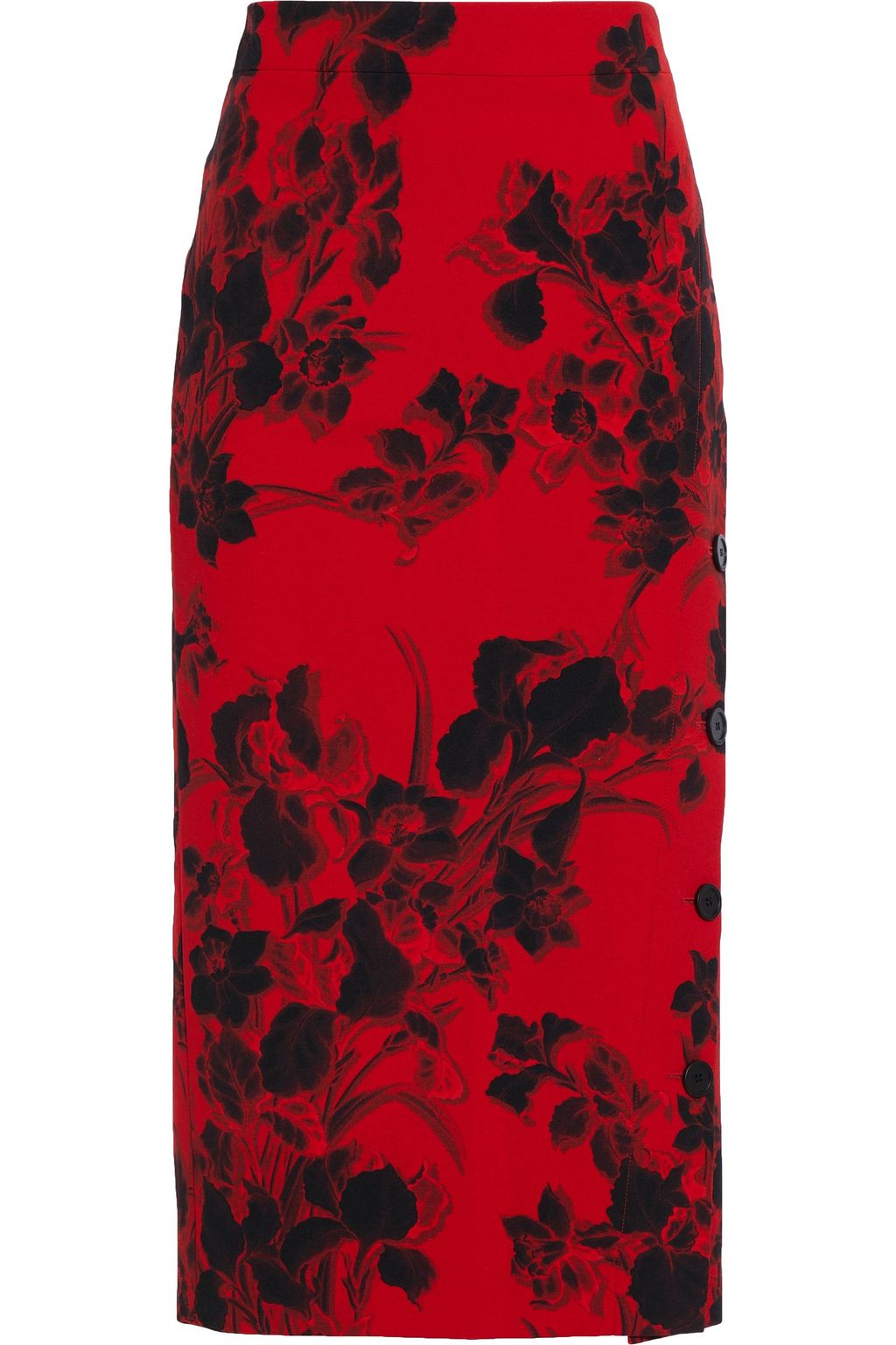 red floral midi pencil skirt