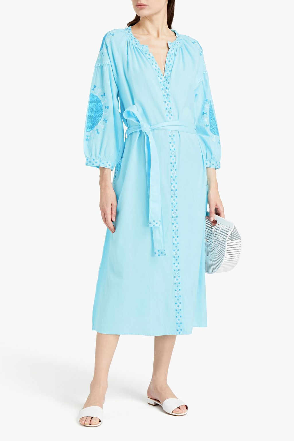 MELISSA ODABASH Melanie belted embroidered cotton and linen-blend canvas midi dress