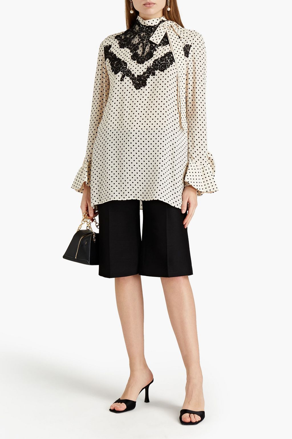 VALENTINO GARAVANI Lace-trimmed polka-dot silk crepe de chine tunic