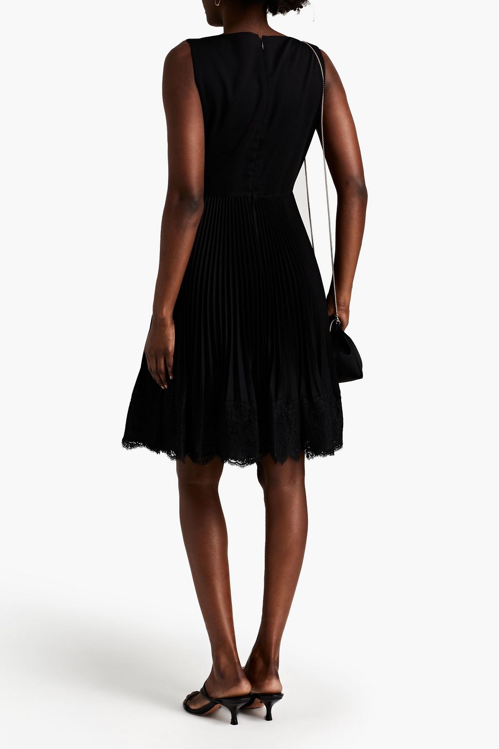 VALENTINO GARAVANI Lace-trimmed pleated wool-blend crepe dress