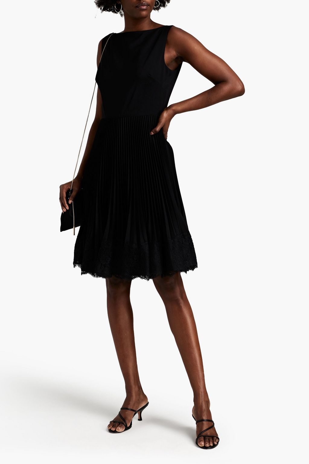 VALENTINO GARAVANI Lace-trimmed pleated wool-blend crepe dress