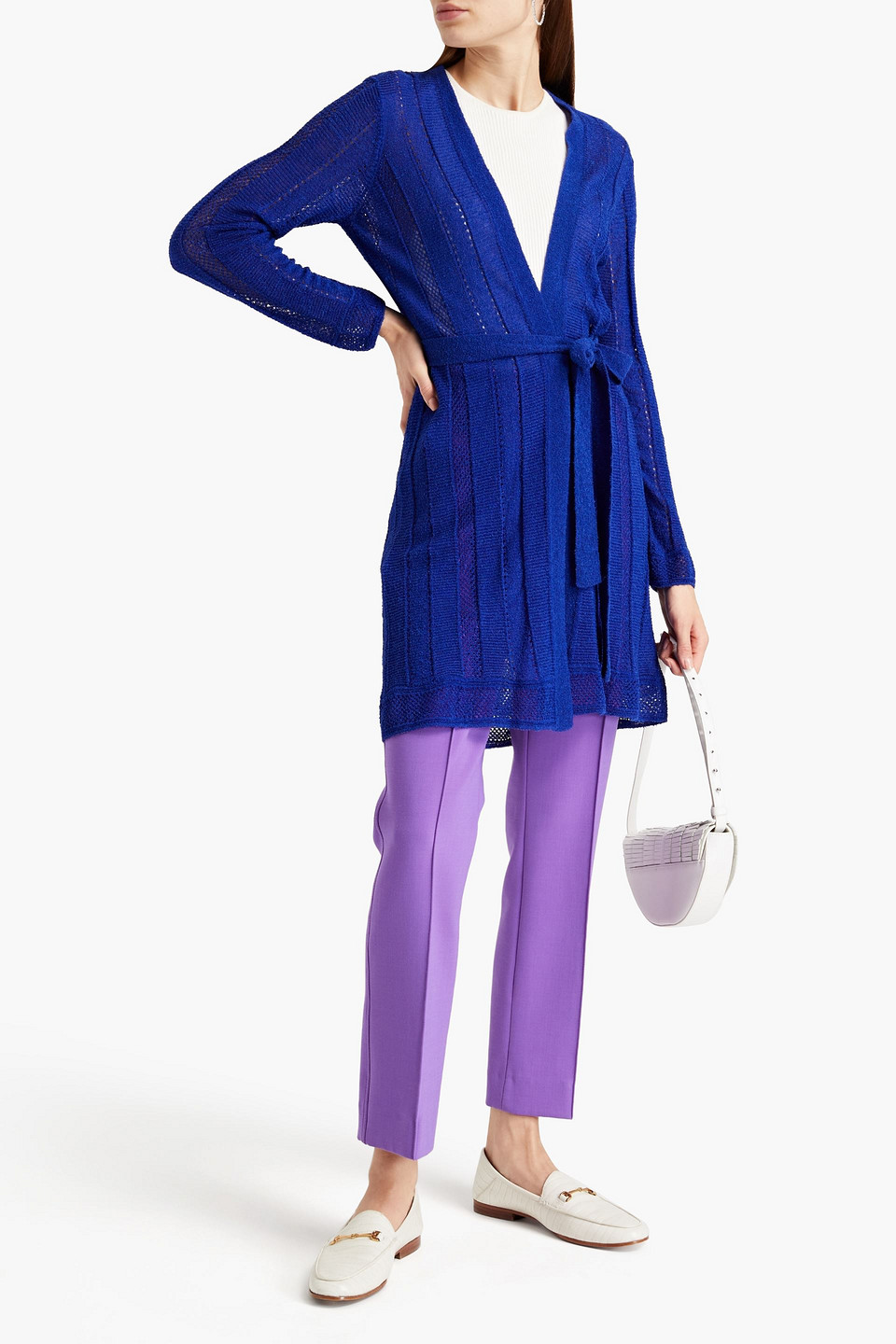 M Missoni Belted Pointelle-knit Cardigan In Blue