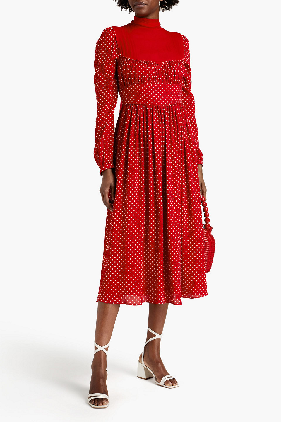 Valentino Gathered Polka-dot Silk-crepe Midi Dress In Crimson