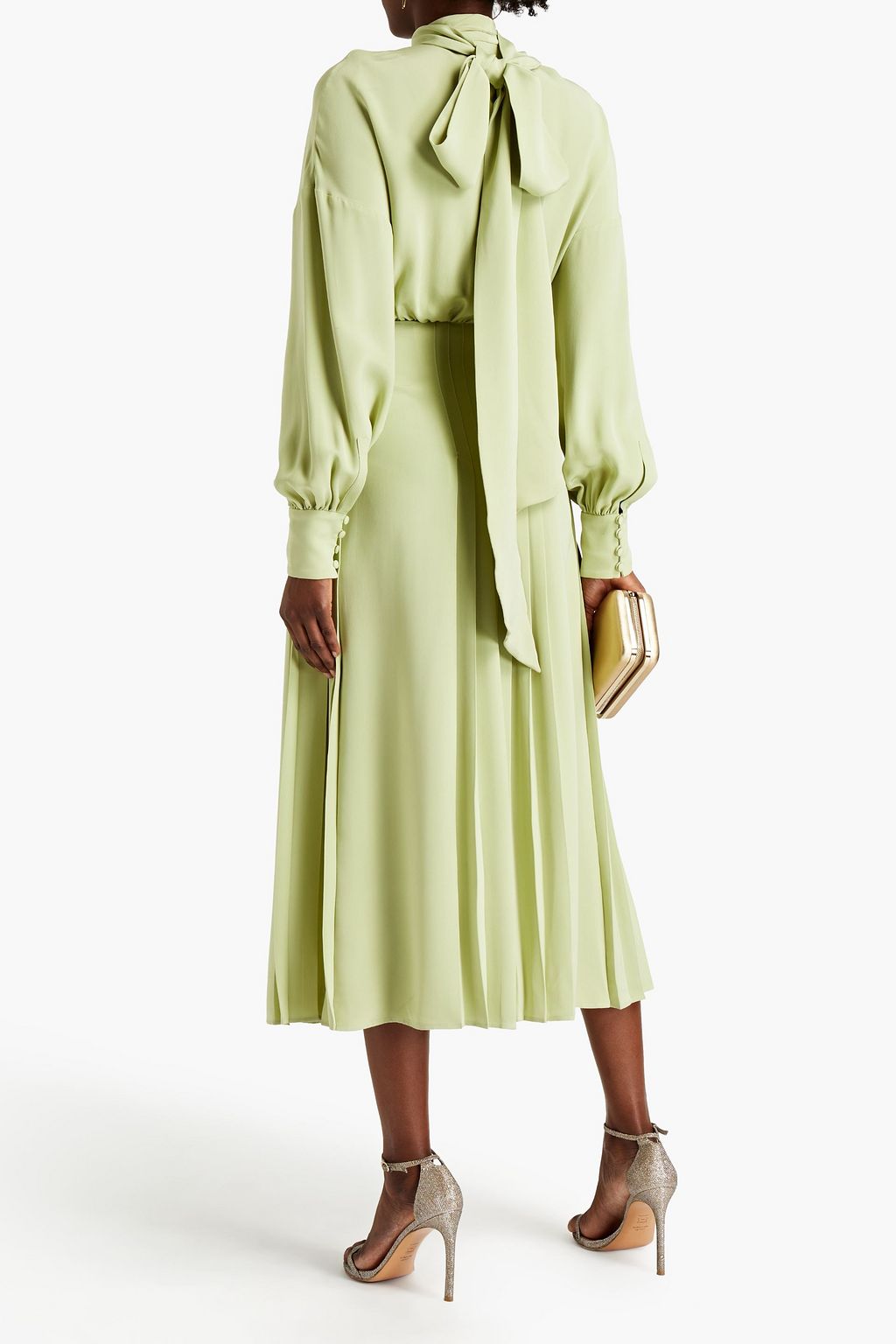 VALENTINO GARAVANI Pussy-bow pintucked silk-satin crepe midi dress