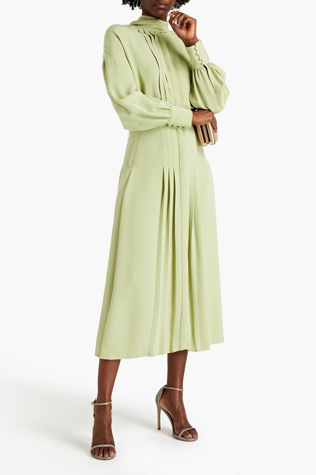 VALENTINO GARAVANI Pussy-bow pintucked silk-satin crepe midi dress