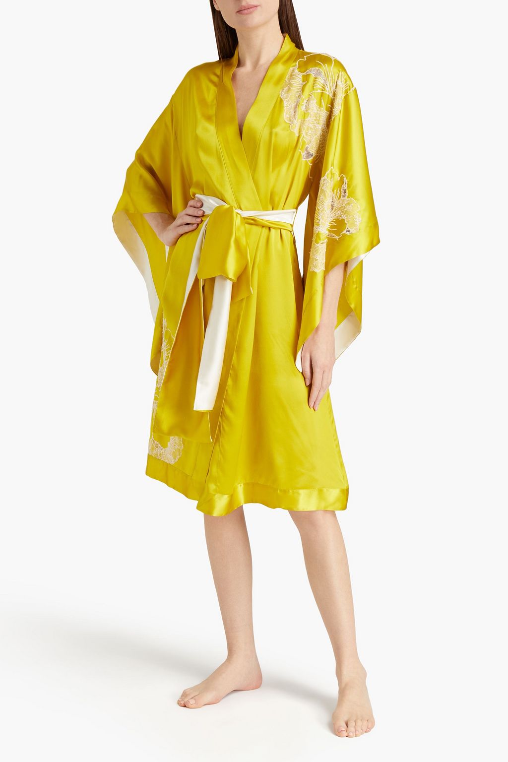 CARINE GILSON Lace-trimmed embroidered silk-satin robe