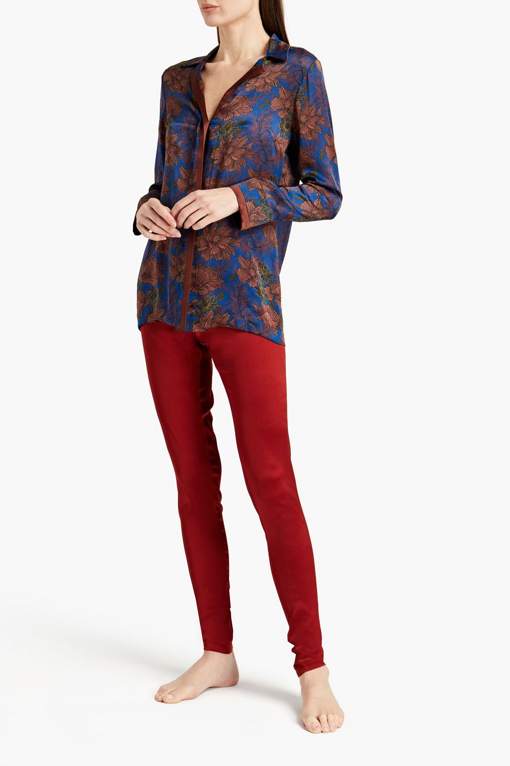 CARINE GILSON Satin-trimmed floral-print silk pajama top