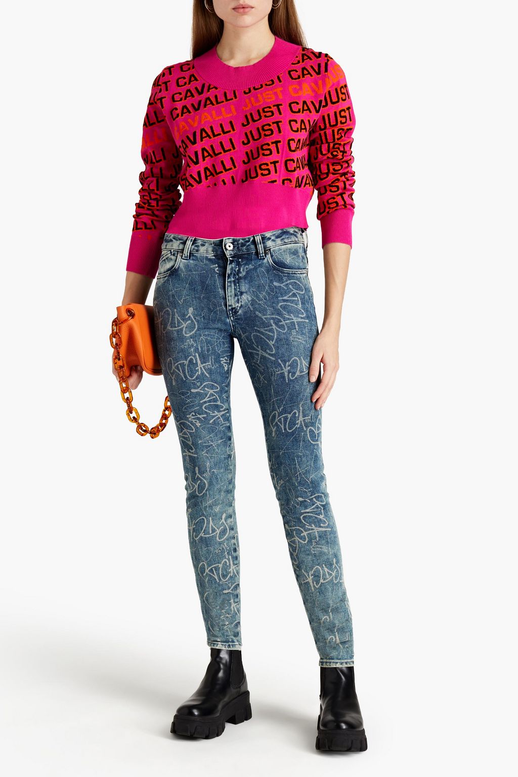 JUST CAVALLI Printed mid-rise slim-leg jeans