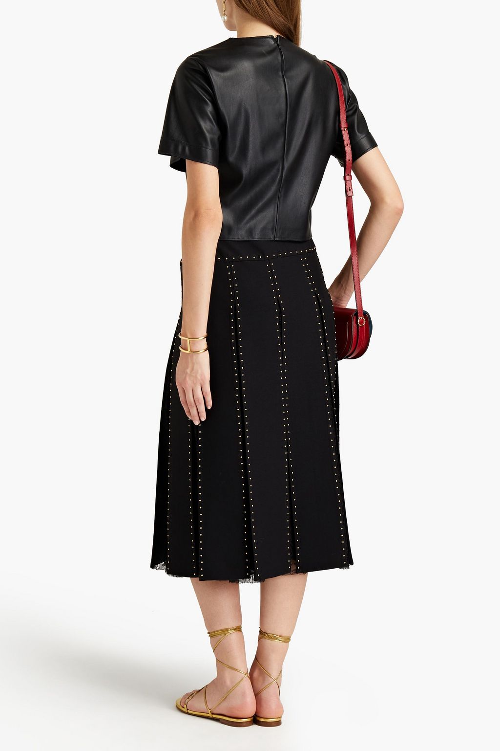 VALENTINO GARAVANI Studded pleated lace and silk-crepe midi skirt