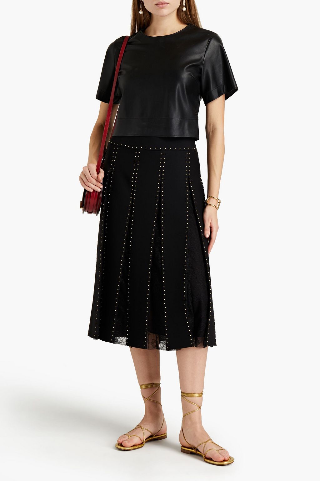 VALENTINO GARAVANI Studded pleated lace and silk-crepe midi skirt