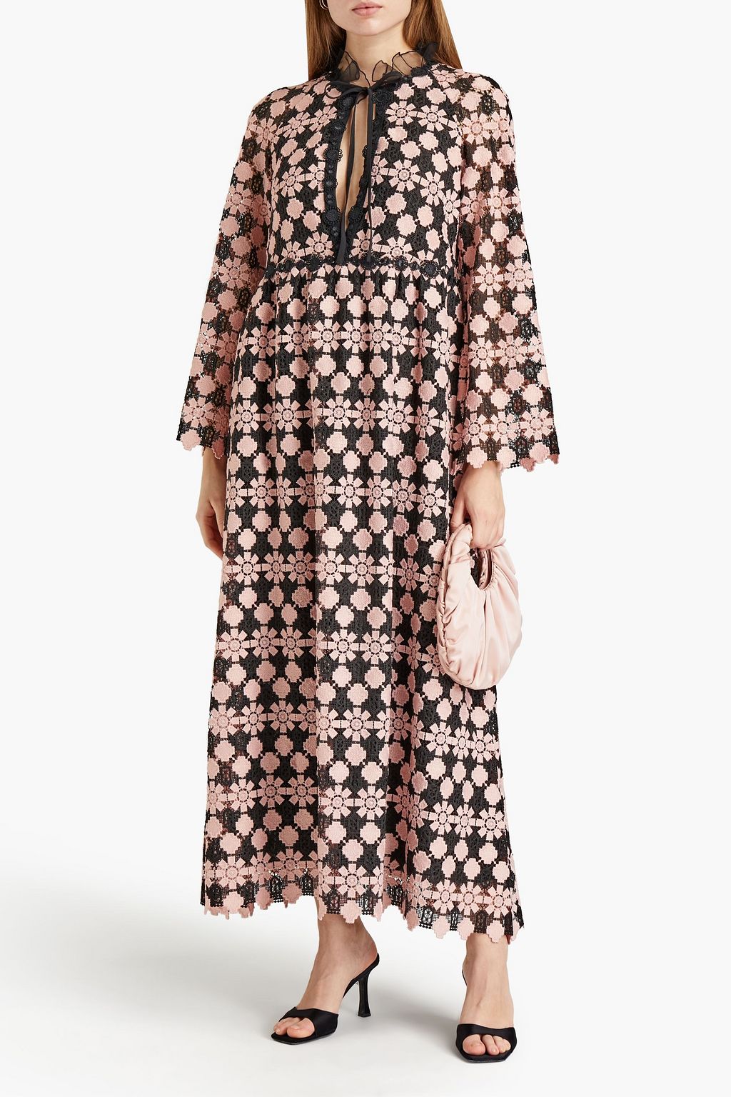 GIAMBA Ruffle-trimmed macramé maxi dress