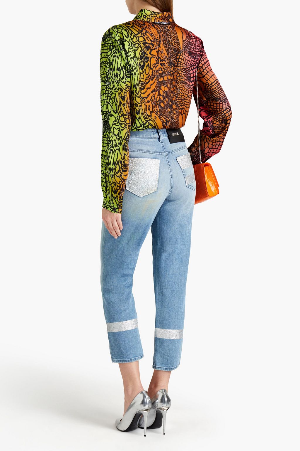 JUST CAVALLI Glittered distressed high-rise tapered jeans