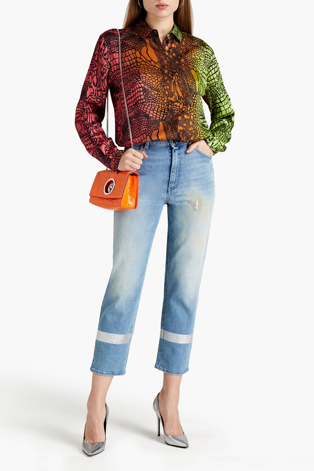 JUST CAVALLI Glittered distressed high-rise tapered jeans