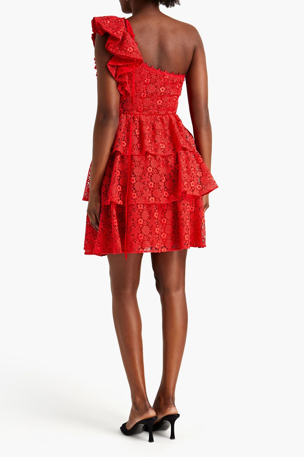 GIAMBA One-shoulder ruffled macramé lace mini dress